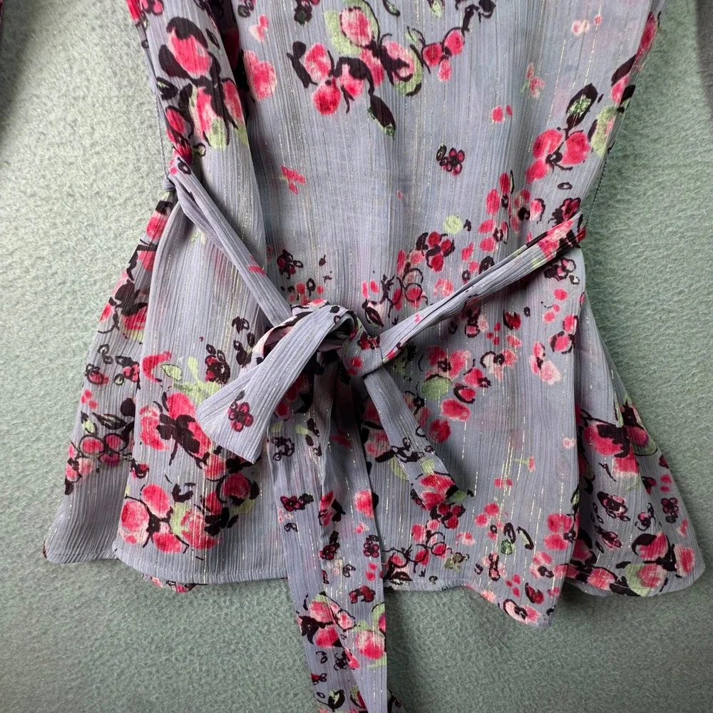 Express Boho Floral Metallic Wrap Blouse Smocked‎ Waist Lavender Romantic XS